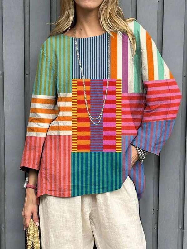 彩虹条纹艺术印花图案女士休闲亚麻衬衫，适合旅行和春季度假