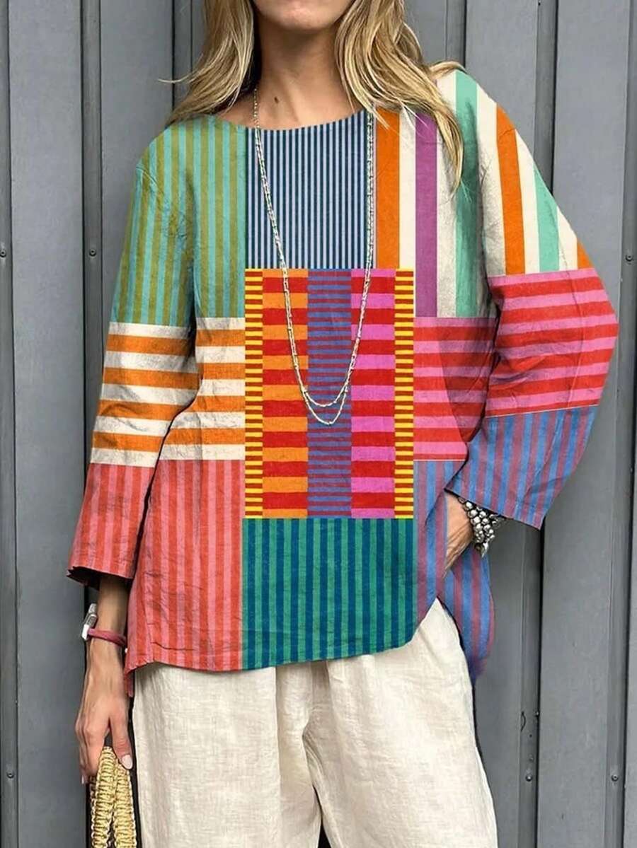 彩虹条纹艺术印花图案女士休闲亚麻衬衫，适合旅行和春季度假 - 彩色 - 查看 1