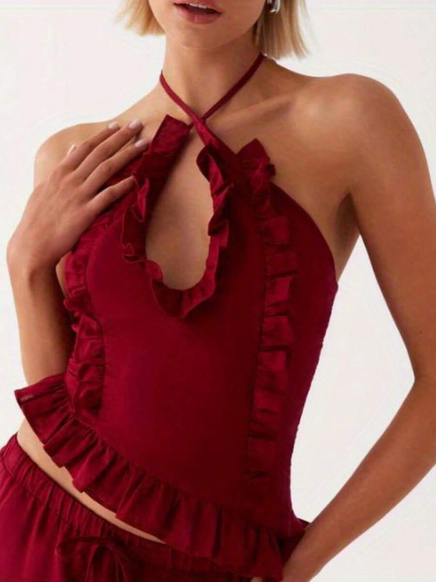 Crossover Halter Neck Ruffle Top For Women Tie Up Sleeveless Backless Top Summer Hollow Out Ruffled Vest For Club Party Beach Wear - Burgundy - View 1