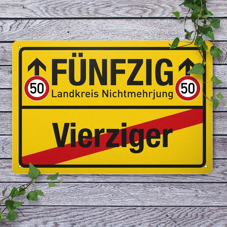 1pc 50th Birthday Metal Tin Plate - Funny "Funfzig" German Style Wall Decor With 50 Speed Limit Design - 30x20cm Unframed Vintage Party Decoration, Suitable For Men And Women, Creative Partner Gift, Iron Plate Wall Art Sign, Retro Style, High Quality Printing, Milestone Celebration, Random Hole Style - Multicolor - View 1