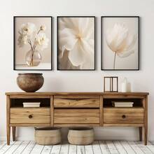 3er-Set schlichte weiße Pfingstrosen Blumen, neutrale moderne Wandkunstdrucke, beige Pflanze Leinwandposter, Fotoblumen Galerie Dekoration, Schlafzimmer, Wohnzimmer, Esszimmer, Flur Kunstwerke, Innenraum Wanddekoration, Ohne Rahmen