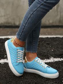 Nouvelles baskets plates et décontractées pour femmes avec bout rond, lacets et semelle antidérapante, en noir. Diverses options de couleurs, convient pour le printemps et l'automne - Bleu azur - Voir 4