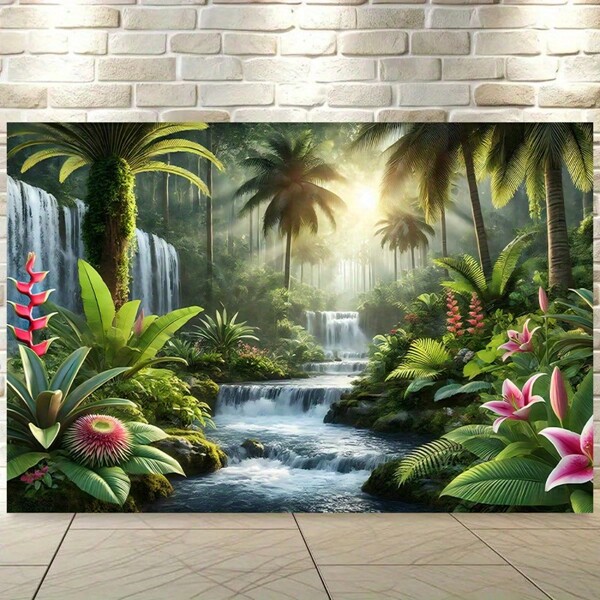1pc Vibrant Polyester Tropical Waterfall Garden Backdrop, Lush Foliage, Cascading Waterfall And Blooming Flowers, Suitable For Living Room, Bedroom, Office And Outdoor Party, No Electricity Required, Tropical Outdoor Decor