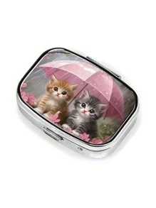 1 pieza Caja de metal para pastillas con 2 compartimentos y diseño de gatito bajo un paraguas, caja de pastillas portátil y mini para viaje o uso diario