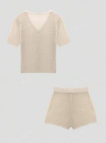 Knit Mix Spring Summer Knit Cardigan Short Sleeve Round Neck Top And Shorts Casual Versatile Street Beach Vacation Solid Color Elegant Modest Vintage Old Money Style Two Pieces Set Back To School Autumn Fall Women Clothes Streetwear