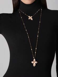 Secret Garden Flower Leaf Gold Long Necklace, Double-Layered Rhinestone Necklace, For Banquets, Parties And Daily Life - Gold - View 3