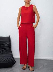 2 Stücke Frühling/Sommer 2025 Europäischer und Amerikanischer Mode Damen einfarbiges minimalistisches Pendler-Set, Rundhals-ärmelloses Crop Top kombiniert mit hochbundigem weitem Beinhose mit Taschen