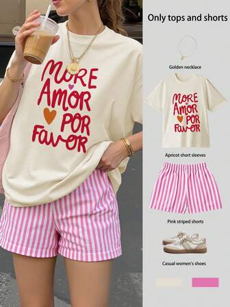 MORE AMOR POR Favor Tryckta Damöverdelar med överdimensionerade kortärmade toppar Randiga shorts Kostymer Dam Sommar Casual Tvådelade kostymer Casual Dam Strandsemester Sommar Tvådelade kläder