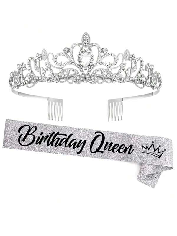 2pcs/Set "Birthday Queen" Sash And Rhinestone Crown Set - Glitter Silver Color Fabric With Black Foil Letters Birthday Sash For Women + Rhinestone Crown Set Birthday Party Gifts Birthday Party Supplies,Christmas