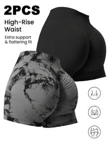 2 Peças (Cor Sólida e Tie Dye) Shorts Esportivos Femininos de Ioga e Academia, Fitness, Sem Costura, Controle da Barriga, Levantamento do Bumbum, Secagem Rápida, Alta Elasticidade