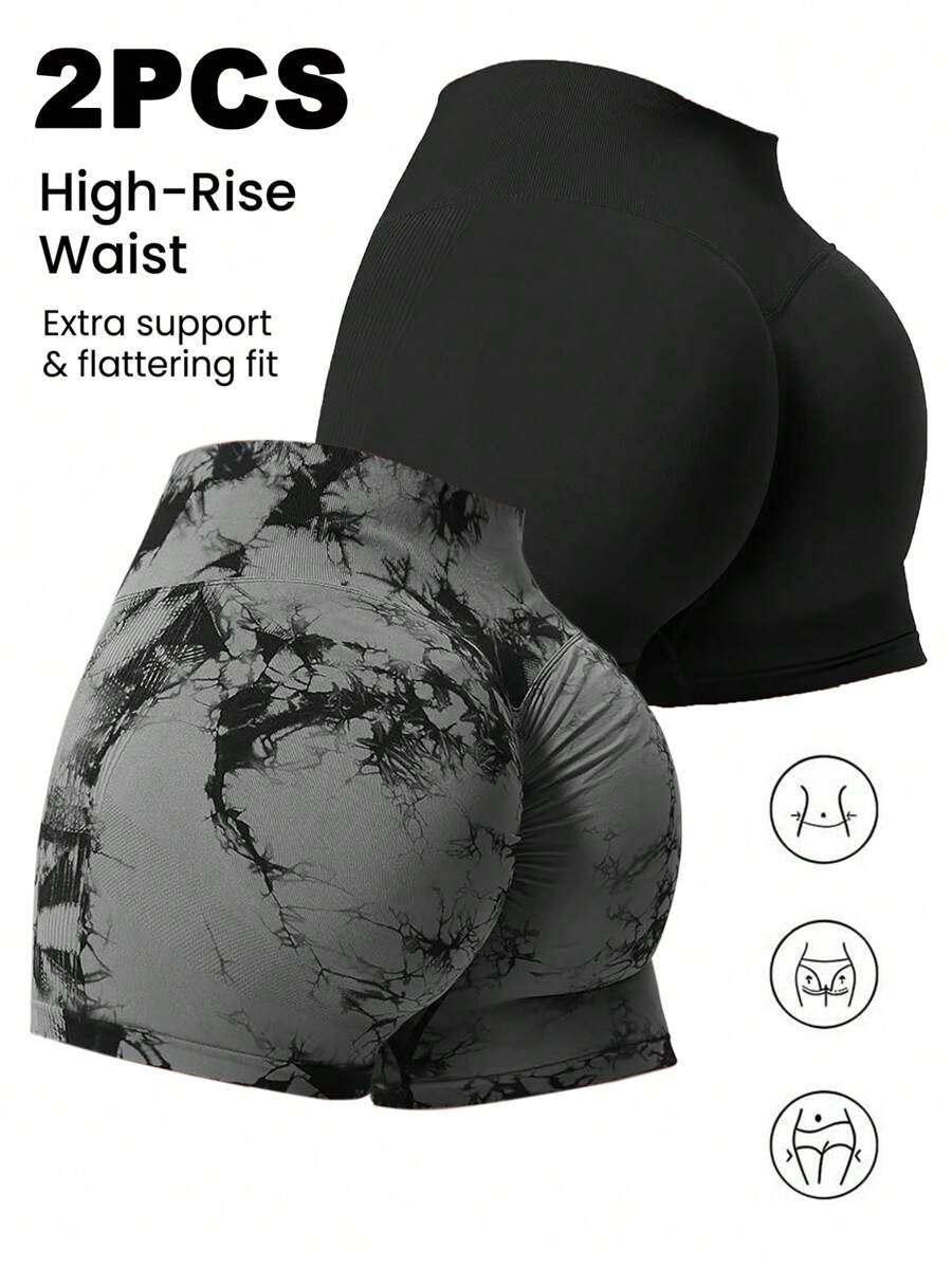 2 Peças (Cor Sólida e Tie Dye) Shorts Esportivos Femininos de Ioga e Academia, Fitness, Sem Costura, Controle da Barriga, Levantamento do Bumbum, Secagem Rápida, Alta Elasticidade