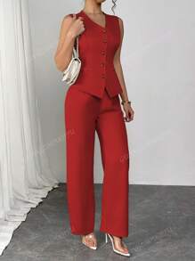 2 Stück/Set Damen Einfarbiger Lässig Pendler Outfit, ärmelloser Einreiher Rückenbindung Weste + Hohe Taille Weite Bein Hose, Frühling/Sommer 2025 Europäischer und Amerikanischer Stil