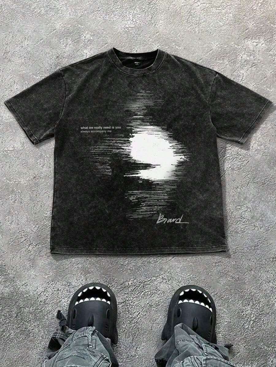 1pcsPAVTROS Manfinity Streetrush Men's Washed Snow-Washed Blurred Face Print Round Neck Short-Sleeved T-Shirt, Spring And Summer Men's Clothing, Boyfriend Gift T T Tee Shirt For Men Graphic180g - 黑色 - 查看 1
