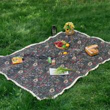 1 Stück verdickter Jacquard-Gewebe Troddel schwarzer Grund gemusterter Picknick-Matte / Strandtuch / Tischdecke