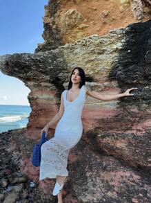 Vestido de playa para mujer de escote profundo en V, unicolor, transparente y calado