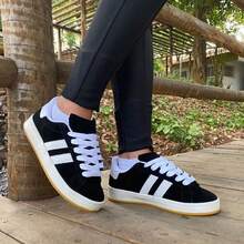 Women's Men's Unisex Casual Suede Skate Low Top Traditional Sneakers Original Gym Walking Shoes - 黑與白 - 查看 2