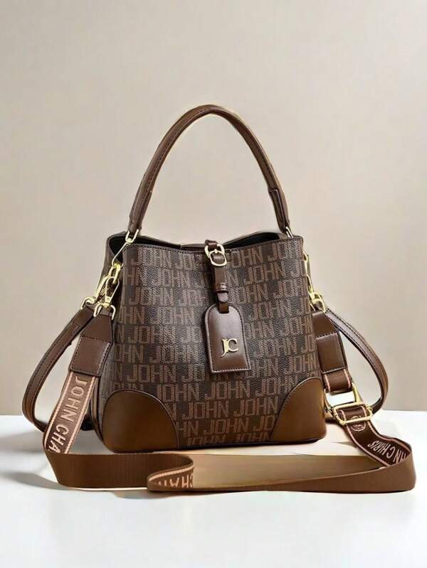 Fashionable Women's Bucket Bag With Triple Straps, Letter Print, Multi-Compartment, Shoulder/Crossbody Bag For Daily Use