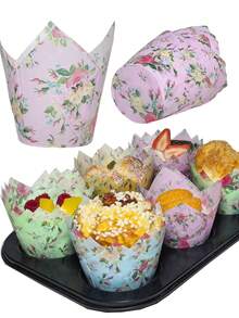 50 件郁金香纸杯蛋糕衬垫、纸质烘焙杯、松饼杯、烤箱适用、防油 - 粉紅色花朵 - 查看 4