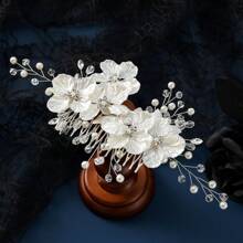 1 Stück Damen Retro Zinklegierung Weiß Muschel Blume Handgefertigt Perlen Kristall Haarkamm, Koreanischer Stil Braut Hochzeitskleid Kopfschmuck