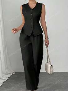 2 Stück/Set Damen Einfarbiges Lässig Pendler Outfit, ärmelloser Einreiher Rückenfrei Krawatte Weste + Hohe Taille Weite Bein Hose, Frühling/Sommer 2025 Europäischer und Amerikanischer Stil