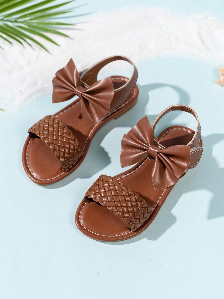 女孩花朵蝴蝶结发饰，编织，休闲公主风格，适合户外活动 - 棕色 - 查看 1