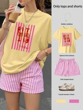 Completo casual da donna con maglietta oversize a maniche corte con stampa di aragoste e pantaloncini a righe, adatto per il Capodanno Cinese, il Festival di Primavera, il Felice Anno Nuovo