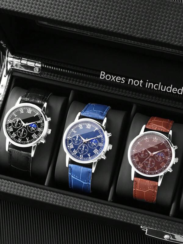 3 piezas Relojes de cuarzo con textura de bambú y correa de piel de PU, relojes deportivos para niños, sin caja