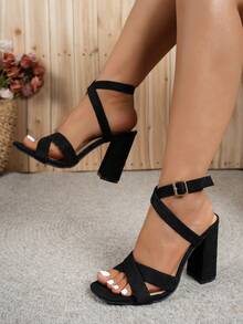 女士优雅夏季仿麂皮露趾粗跟系带凉鞋 - 黑色 - 查看 2