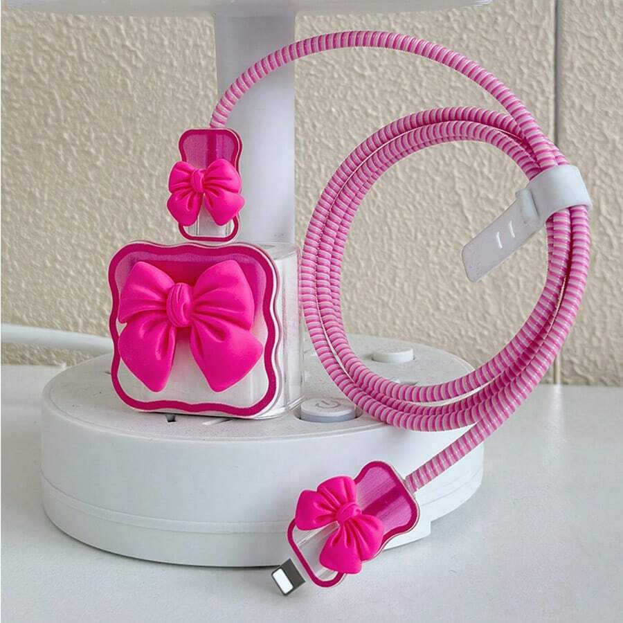 5 件 Apple 20W 充电器保护器和 18W 线缆保护器、3D 心形和蝴蝶结装饰、粉色充电器配件、手机配件 - 玫紅色 - 查看 1