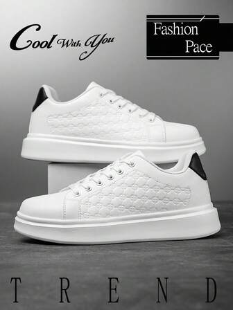 (Size Run Small) Men's Classic Black & White Random Print Comfortable Couple Sneakers, Fashion Outdoor Lace-Up Leather Patchwork Flat Street Casual Shoes