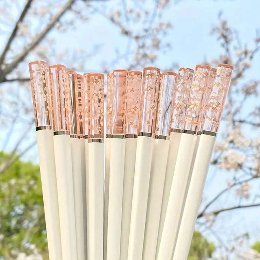 5 双 9.45 英寸樱花玻璃纤维可重复使用筷子，可用洗碗机清洗，适用于家庭、餐厅、旅行、户外派对、圣诞节、情人节礼物、学校用品