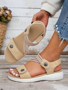 Personalized Beach Sandals, 2025 New Summer, Petite Women Anti-Slip Breathable Elastic Strap Loose Leisure Sport Sandals, Hook And Loop Buckle, Soft Sole Versatile Summer New Shoes, Non-Slip Flat Bottom Outdoor Beach Dress Slippers, Waterproof Maternity Travelers Shoes, Lightweight Open Toe Comfortable Fashion Sandals - Beige - View 5