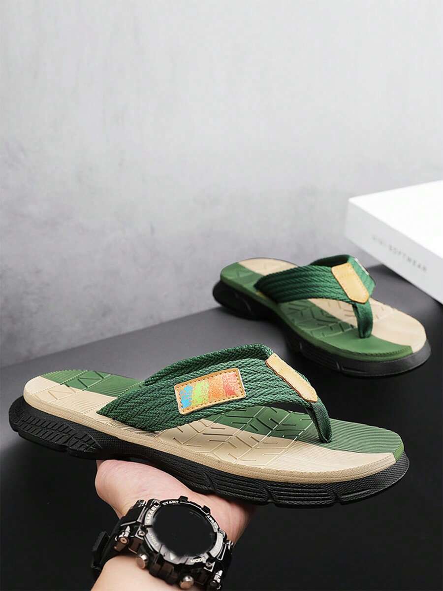男士人字拖，夏季户外穿着，舒适防滑，户外运动休闲沙滩凉鞋 - 軍綠色 - 查看 1