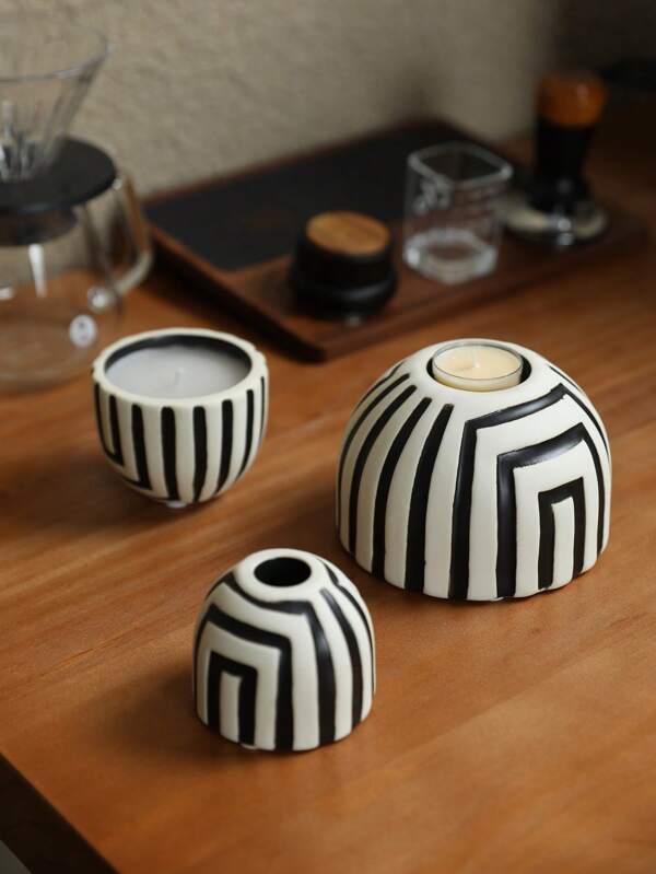 1pc Modern Minimalist INS Style Ceramic Candle Holder, Black & White Striped Candlestick Desk Decor Accessory