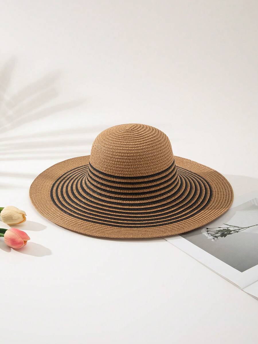 1 Set: 1 Sombrero de sol de estilo bohemio para mujer + 1 Bolso de hombro, estilo de vacaciones - Caqui con raya diplomática negra - Ver 1