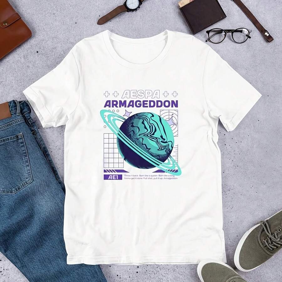 FREE SHIPPING Aespa Armageddon Shirt  Kpop Merch  Fans  Gift  MYPlus Y2K Wo's 220g Thick Cotton T-Shirt With Butterfly Print Pattern, Suitable For Girls And Wo's Short Sved Round Neck Inspirational Shirt, Cute Aesthetic Y2K Style Summer Top, Suitable For Outdoor, Family, Work Or Street Wear Casual Loose Daily T-Shirt - White - View 1