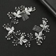 1 Stück Damen Haarschmuck aus Zinklegierung im koreanischen Stil, elegante handgefertigte Haarkamm mit weißer Perlen-Blätter-Optik