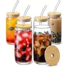 1pc/2pcs Glass Cup With Bamboo Lid & Straw, Straw Brush, 16 Oz Bottle Shaped Glass Cup, Iced Coffee Cup, Adorable Tumbler, Suitable For Beverages, Juice, Bubble Tea, Party And Holiday Gifts