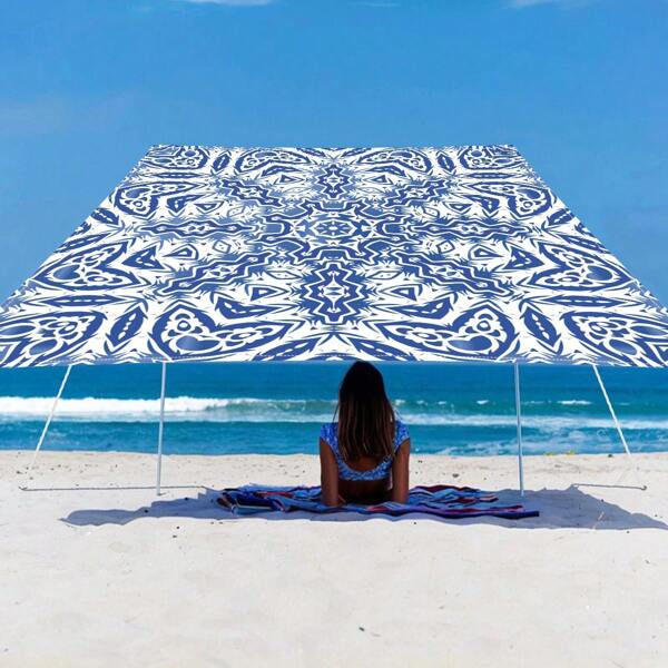 1 Pc Blue Breeze Fresh, Light And Simple Style Outdoor Umbrella Polyester Screen Print Camping, Picnic, Beach Use