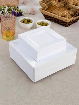 1 juego de 25 piezas de platos cuadrados de cena de 6.5 pulgadas/9.5 pulgadas en color blanco puro, hermosa y elegante vajilla, reutilizable y fácil de limpiar. Perfecto para bodas, fiestas de cumpleaños, reuniones familiares, actividades de equipo al aire libre y otras ocasiones.