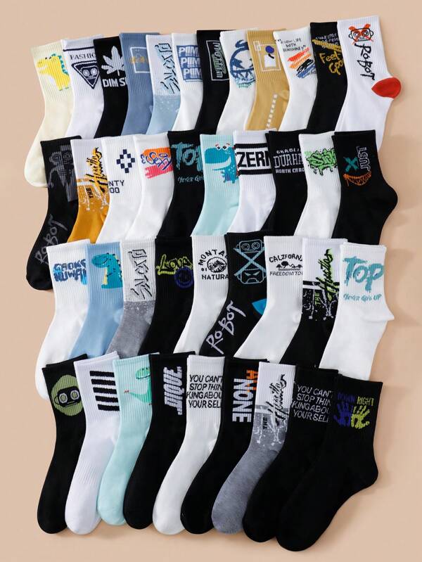 10 Pares Meias Casuais de Cano Médio Aleatórias com Estampa de Letra Grafite de Rua Masculinas, Adequadas para Uso Diário