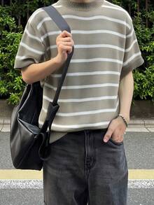 男女通用休闲宽松圆领短袖条纹针织套头衫，春夏款 - 駝色 - 查看 3