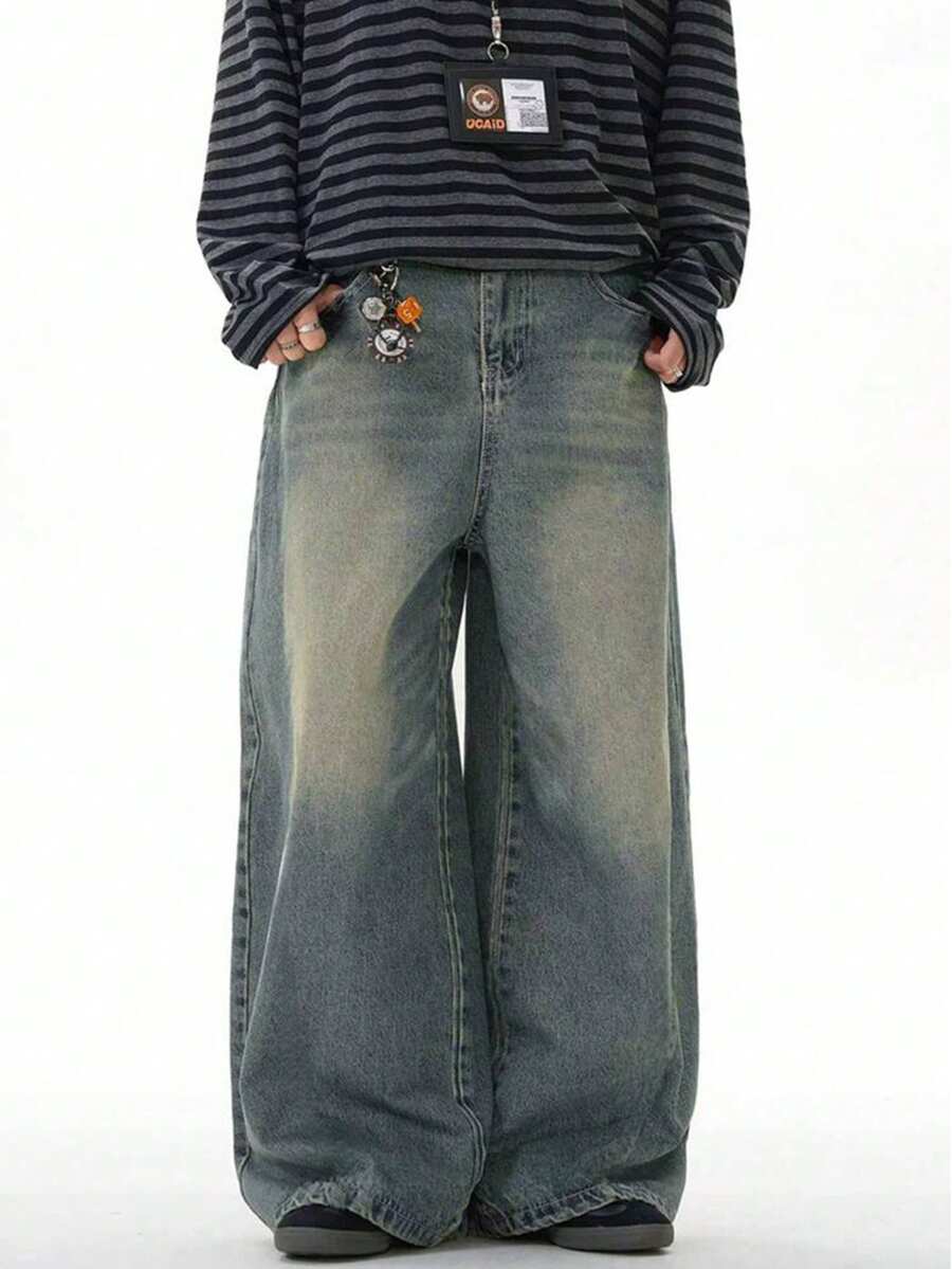 Cotton Straight Leg Washed Jeans With Slant Pockets, Versatile Wide Leg Washed Denim Jeans, Loose Fit Relaxed Straight Couple Jeans