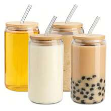 1pc/2pcs Glass Cup With Bamboo Lid & Straw, Straw Brush, 16 Oz Bottle Shaped Glass Cup, Iced Coffee Cup, Adorable Tumbler, Suitable For Beverages, Juice, Bubble Tea, Party And Holiday Gifts