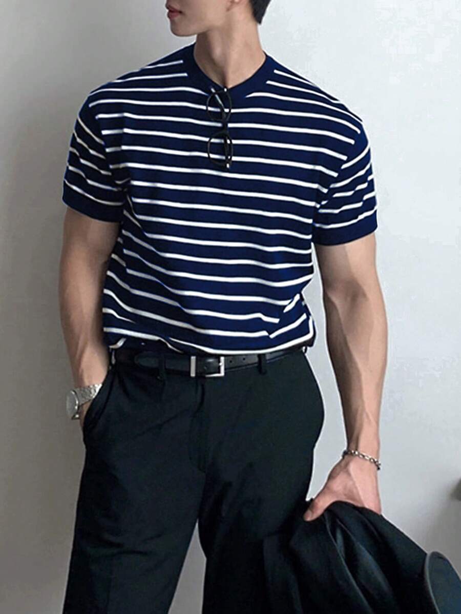 Men's Striped Knit Crew Neck Short Sleeve T-Shirt, Casual & Business Slim Fit, Breathable For Summer
