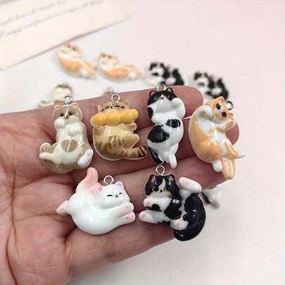 6/12pcs Cute 3D Cat Pendant Earrings Keychain Handmade Resin Animal Charms Accessories - Flat Back, Suitable For Keychains And Earrings, DIY Craft
