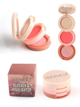 3 In 1 Face Blusher Palette Waterproof Matte Long Lasting Highlight Blush Powder Pink Coral Blushing Pallet With Brush Mirror Women Makeup Gift Set Kit