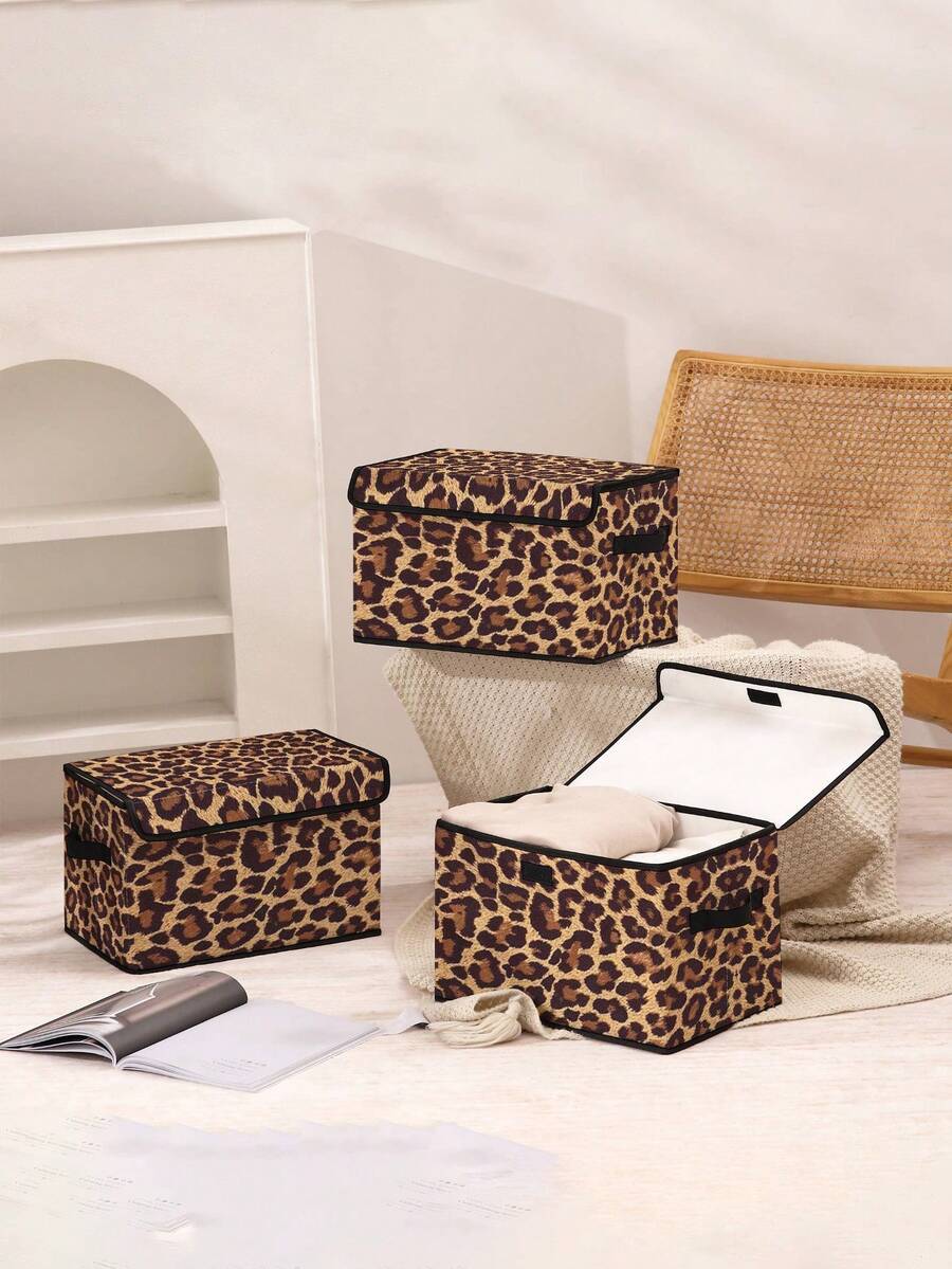 1 buah Kotak Penyimpanan Motif Leopard dengan Tutup, Kotak Penyimpanan Lipat dengan Pegangan, Wadah Organizer Ringan untuk Lemari, Pakaian, Mainan, dan Barang Rumah Tangga - MultiWarna - View 1
