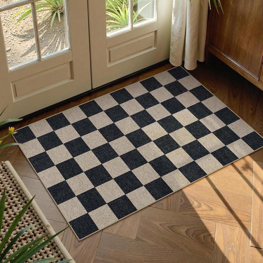 Checkered Easy Jute 3x5 Outdoor Patio Rug, Washable Rugs For Entryway Diamond Indoor Outdoor Living Room Carpet, Farmhouse Neutral Non Slip Black Door Carpet For Backyard Bedroom - 黑色/棋盤格-1 - 查看 1
