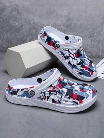 1 Pair Men's Asymmetrical Print Summer Cool Sports Style Slippers, Beach Casual Outdoor Anti-Skid Thick Platform Sports EVA Men's Beach Flip Flops Sandals